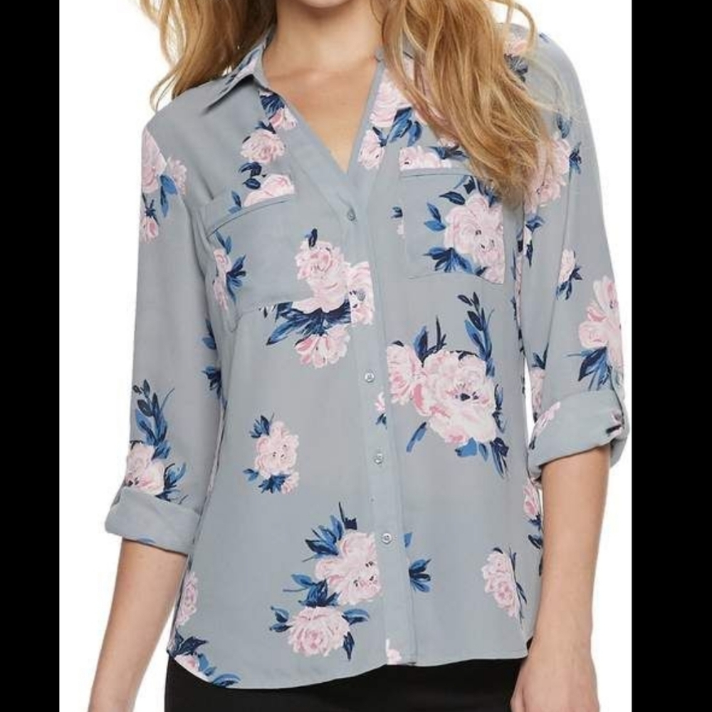 ❤ Candie's Collared Button Down Blue Floral Blouse